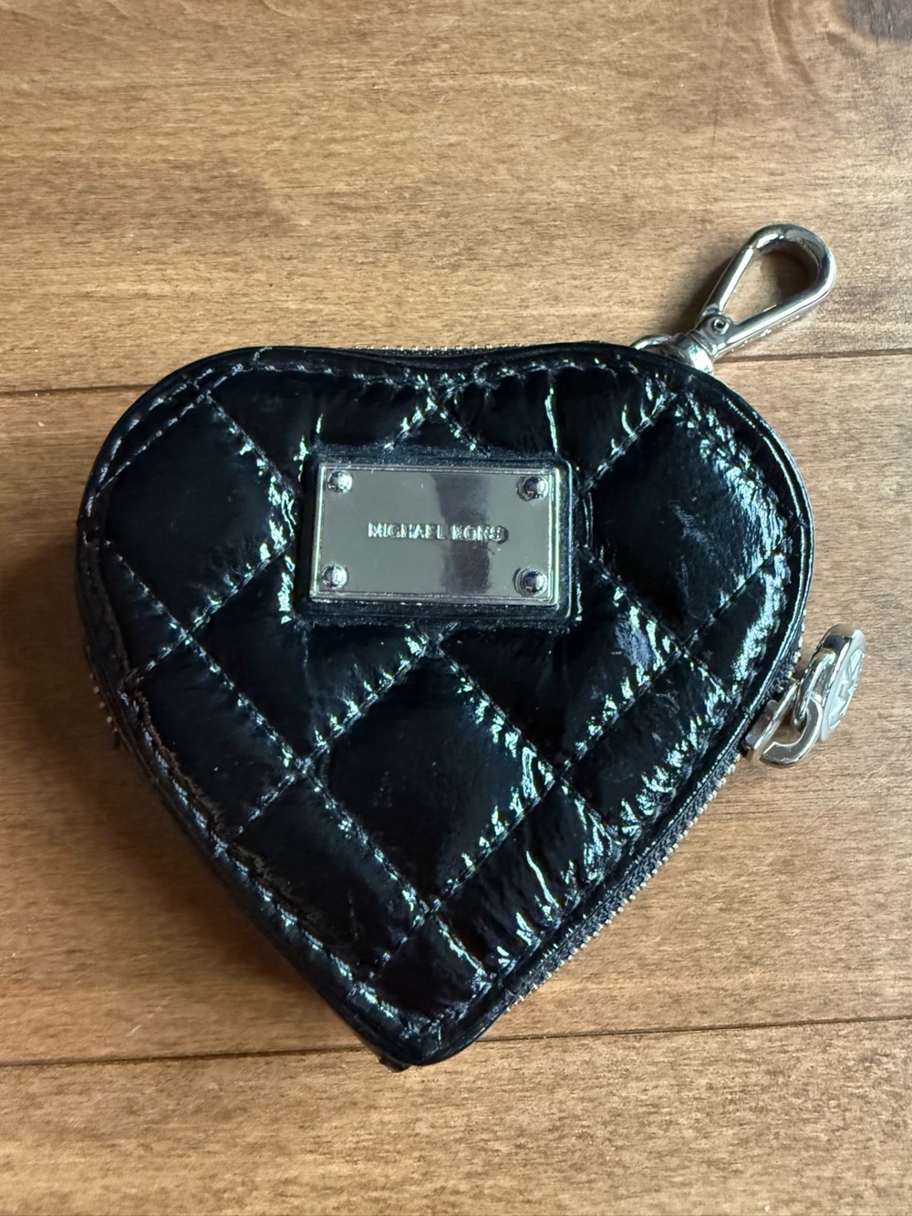 Michael Kors Black Quilted Patent Heart Coin Purse with Silver Hardware